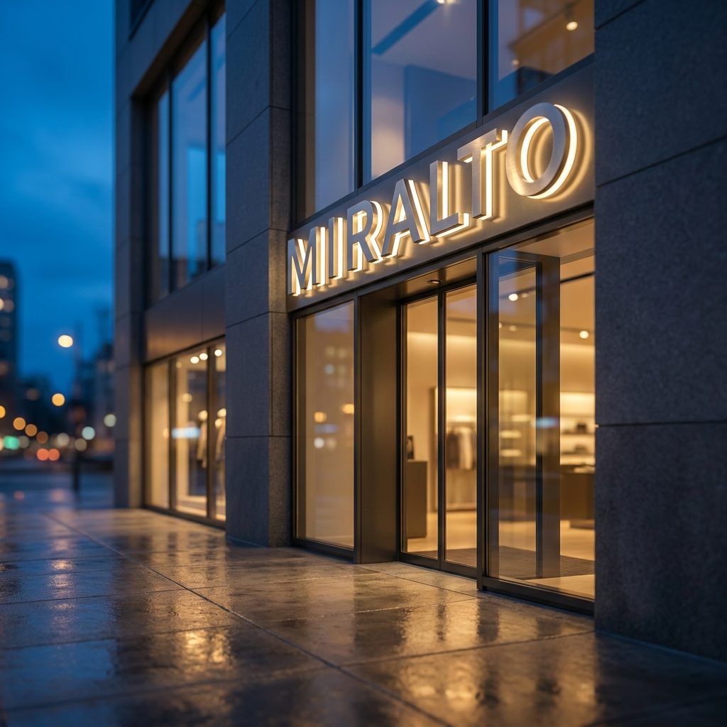 Illuminated channel letter sign at dusk
