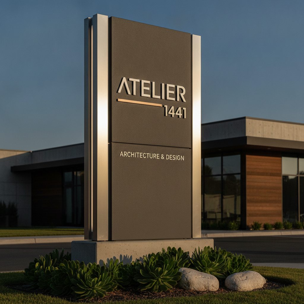 Enseigne autoportante sur socle devant un immeuble commercial