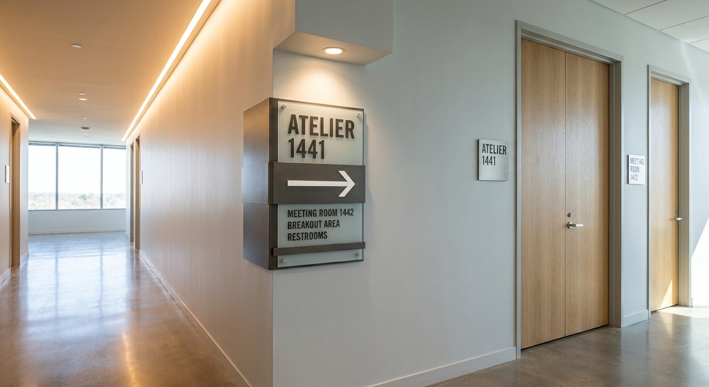 Directional signage and door plaques in an office corridor