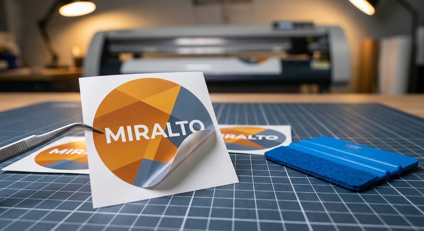 Contour-cut stickers on the cutting mat in front of the vinyl cutter
